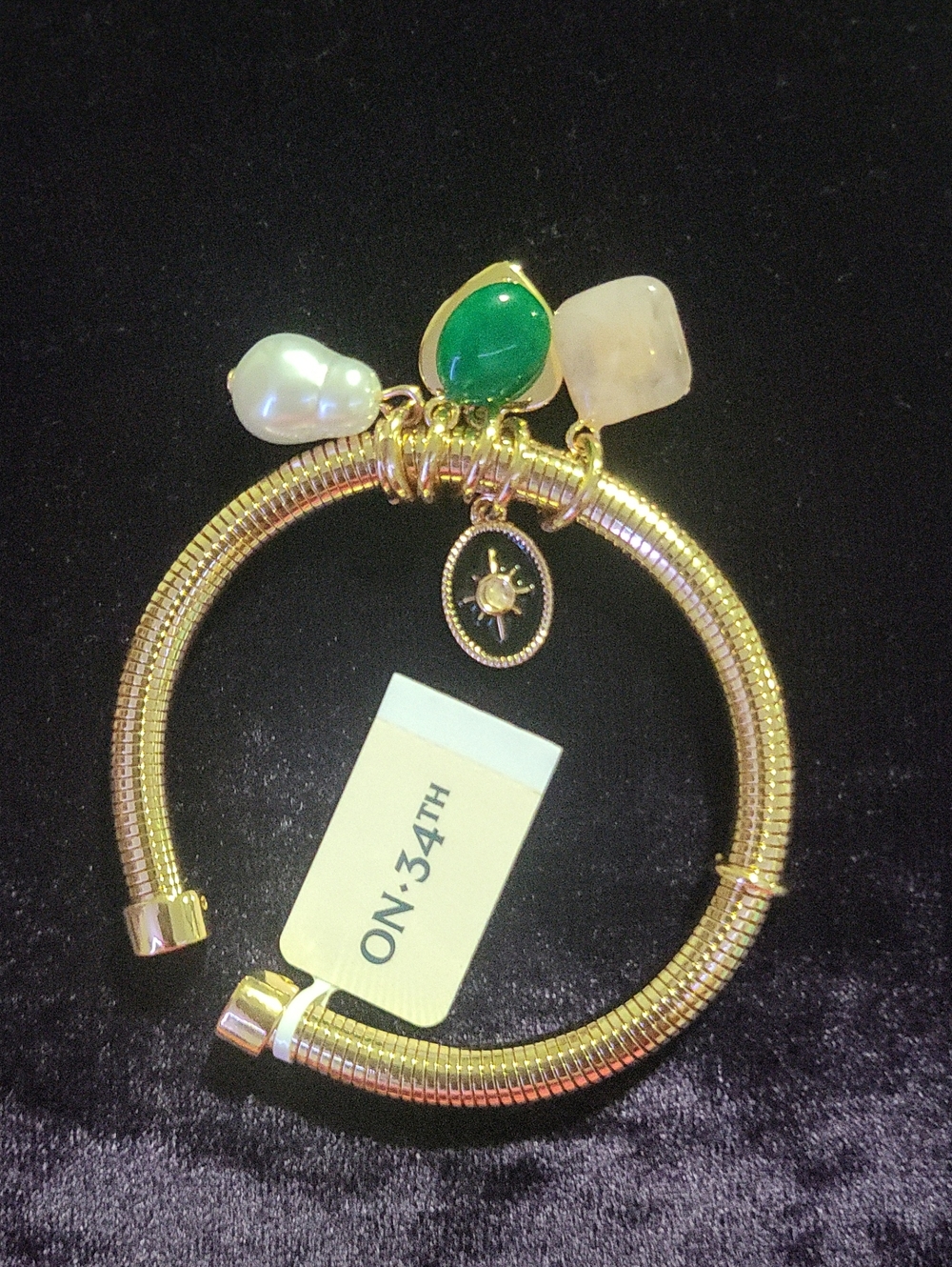 Gold Ton Bracelet with Green Gem and Pearl Charms